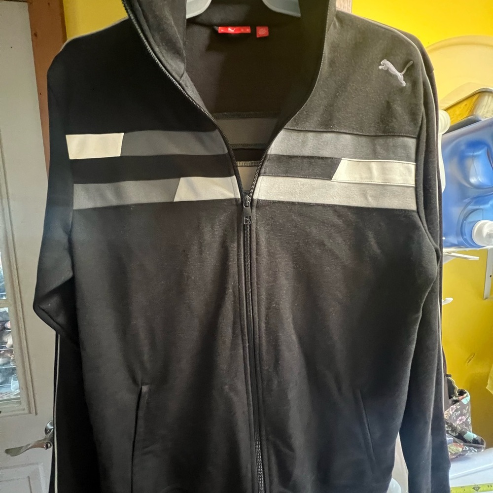 Puma Men’s Black Zip-Up Athletic Sweater with Gray Stripes medium